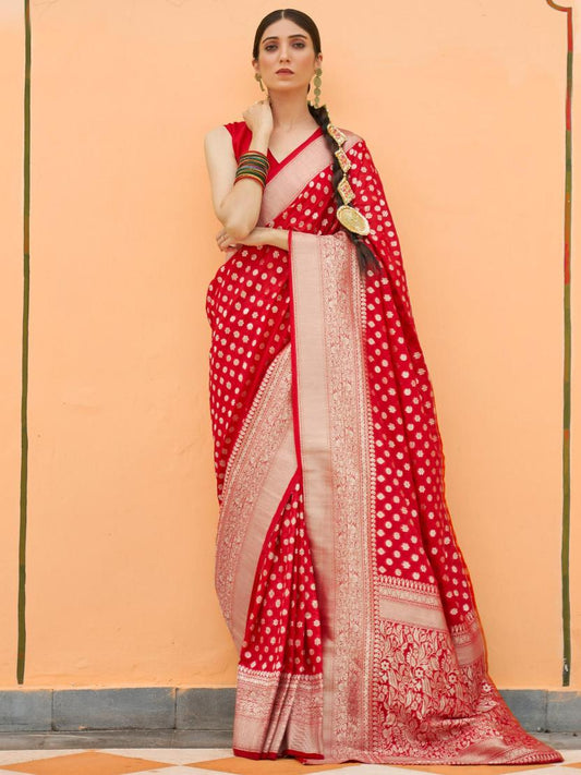 Bright Red Banarasi Handloom Silk Saree