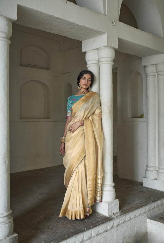 Sugarcookie Yellow Soft Tissue Organza Silk Saree With Brocade Designer Blouse