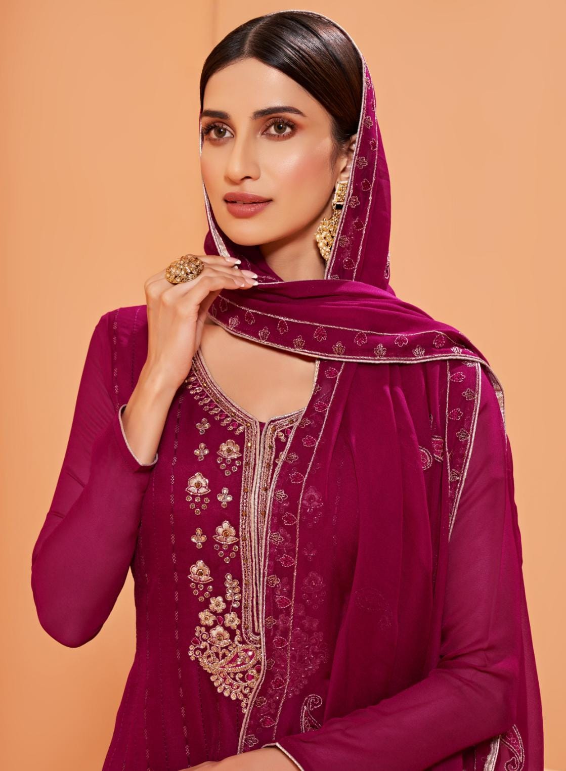 Wine Magenta Embroidered Georgette Sharara Set