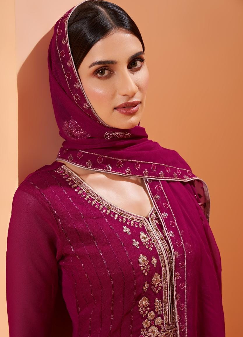 Wine Magenta Embroidered Georgette Sharara Set