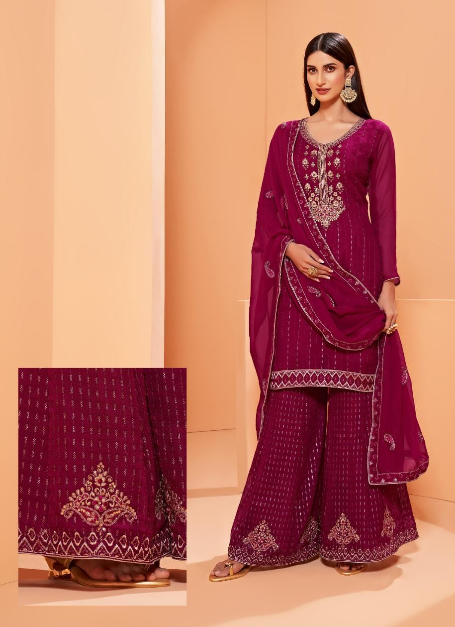 Wine Magenta Embroidered Georgette Sharara Set