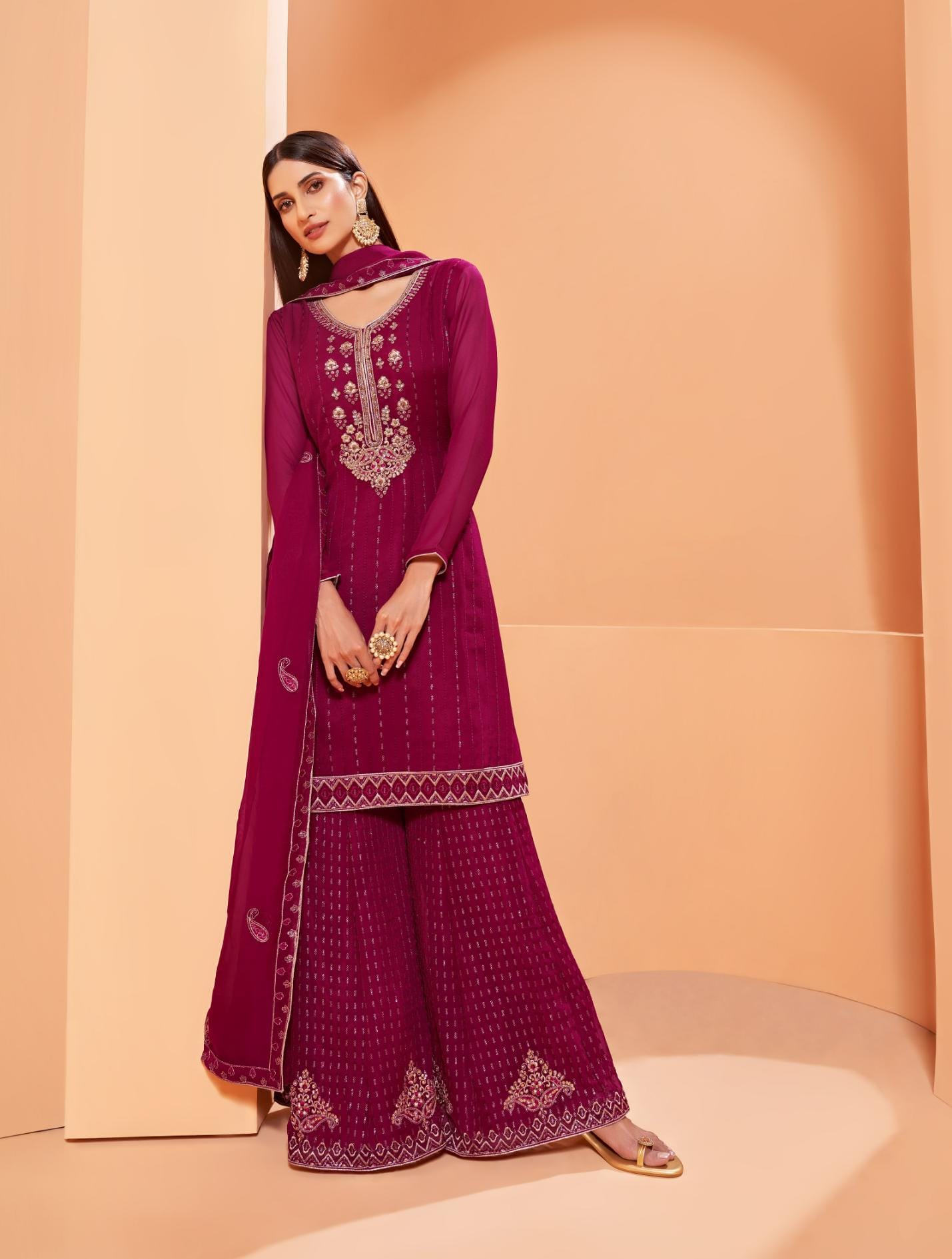 Wine Magenta Embroidered Georgette Sharara Set