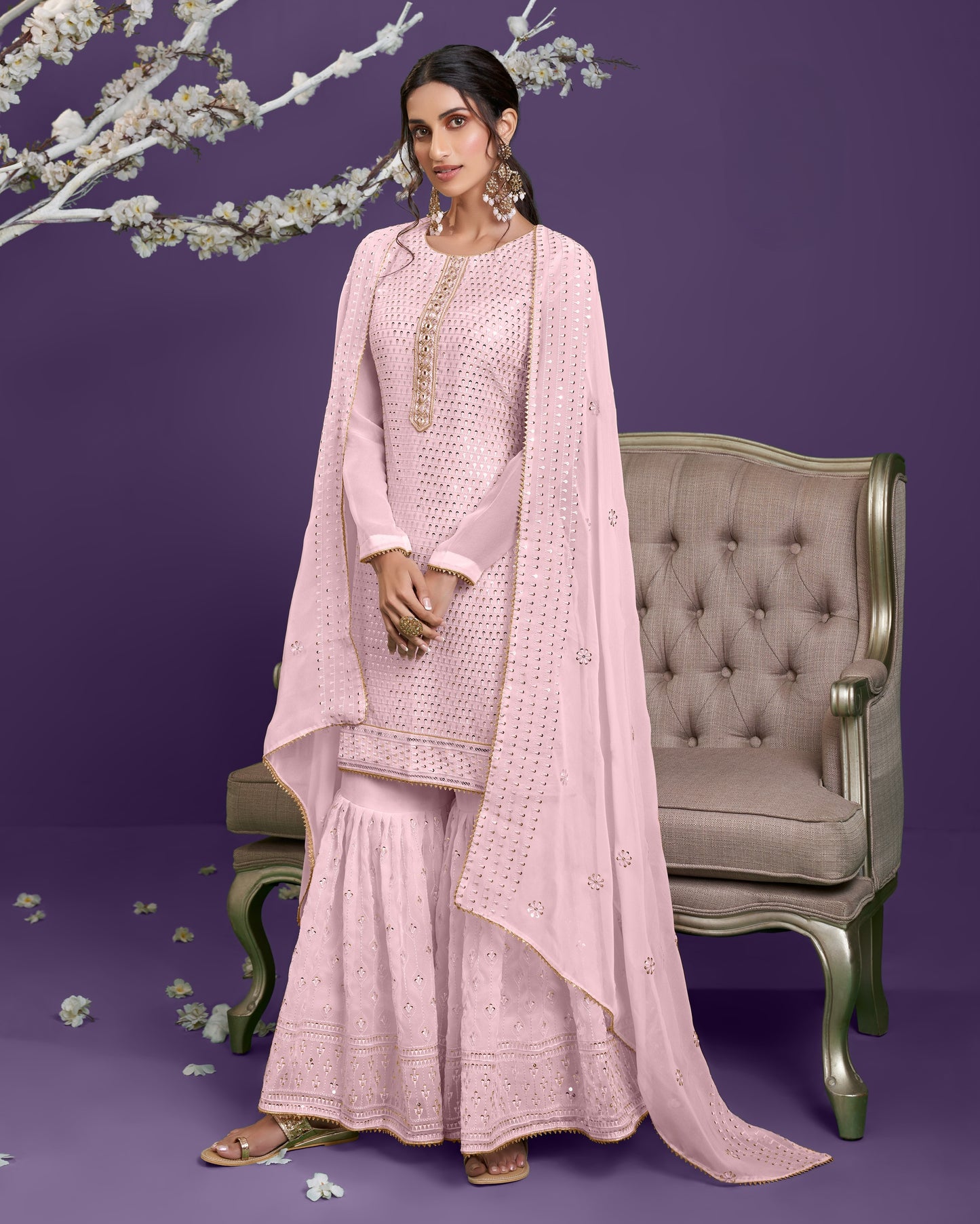 Dusty Rose Pink Embroidered Georgette Sharara Set