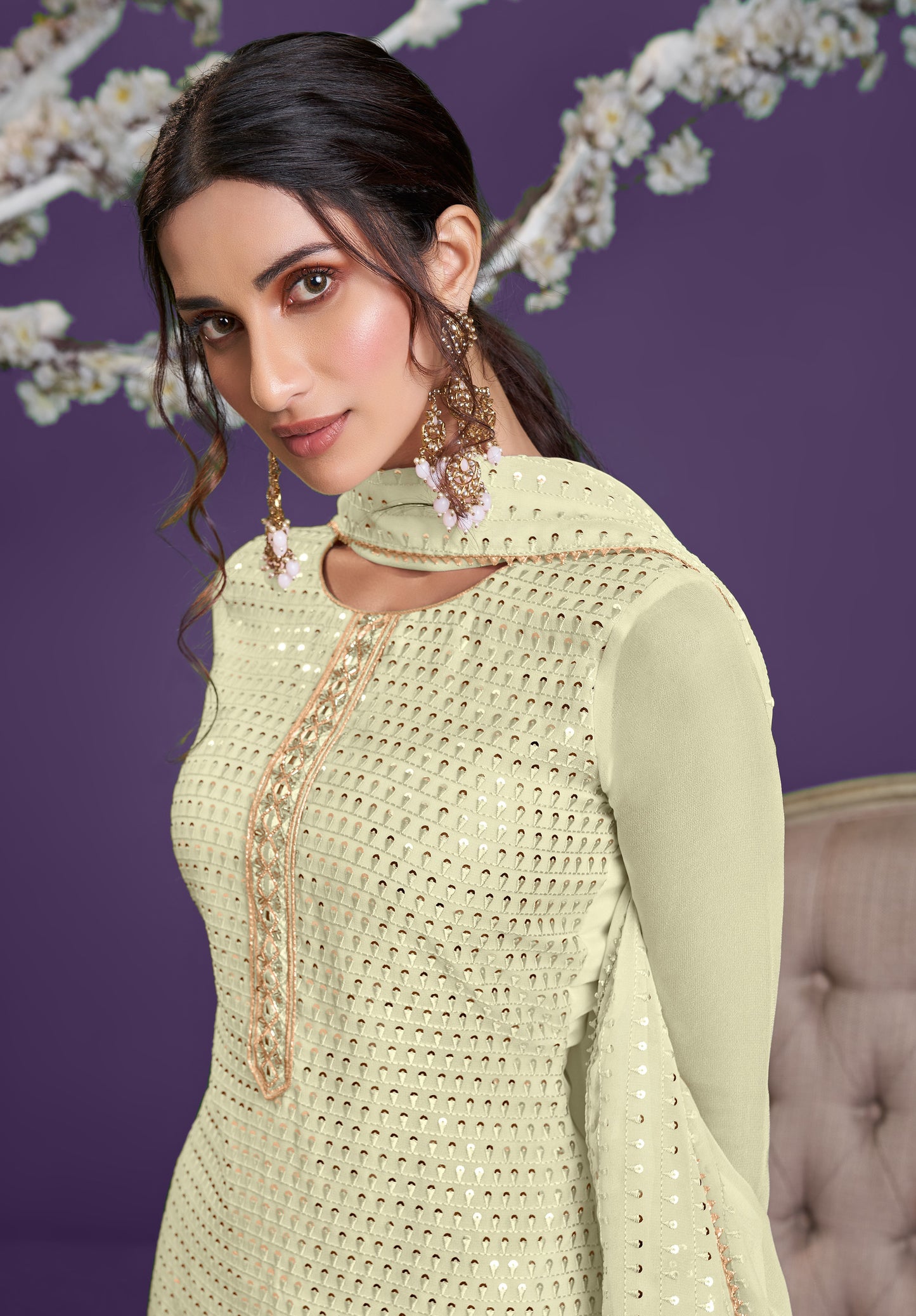 Pastel Pistachio Green Embroidered Georgette Sharara Set