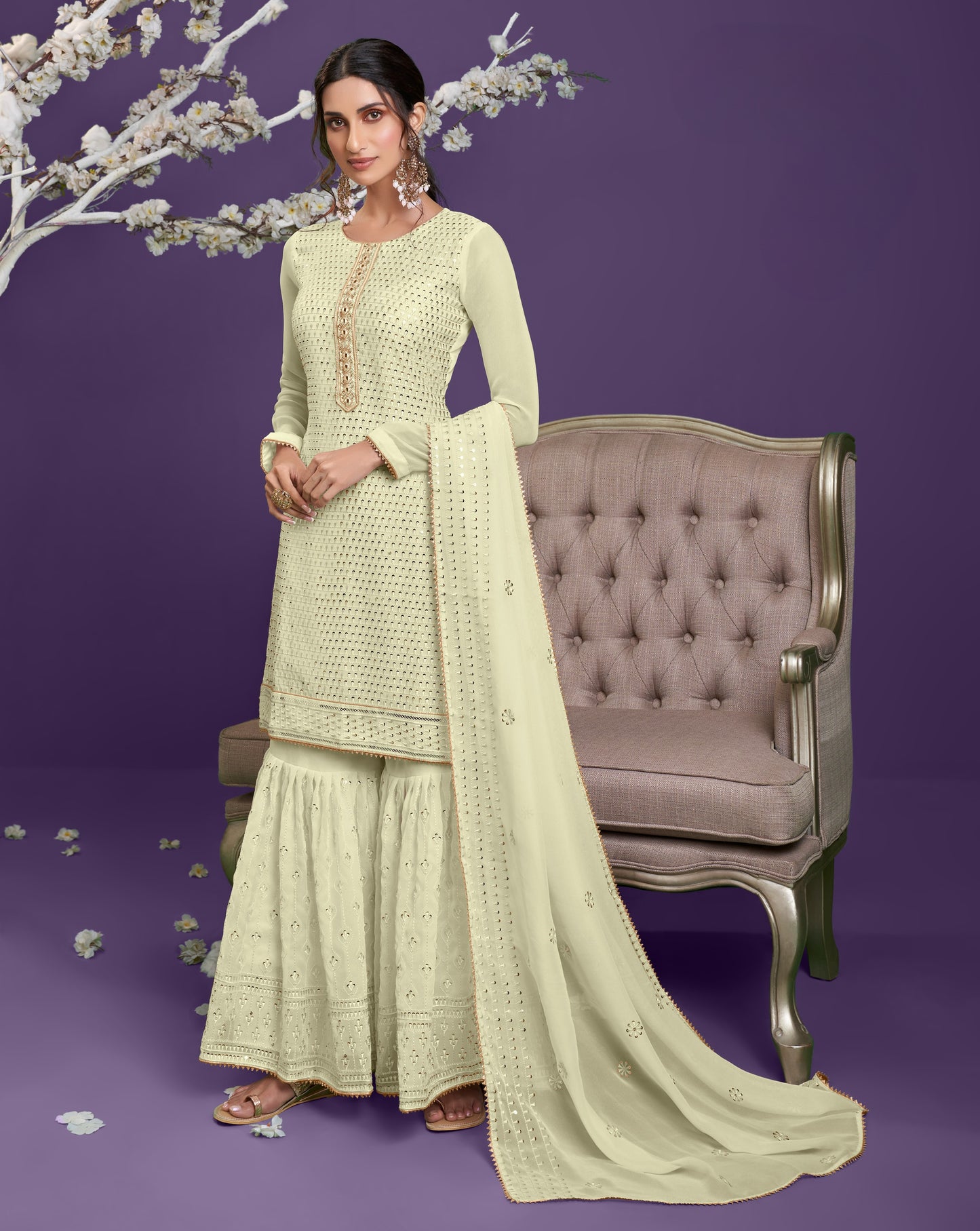 Pastel Pistachio Green Embroidered Georgette Sharara Set