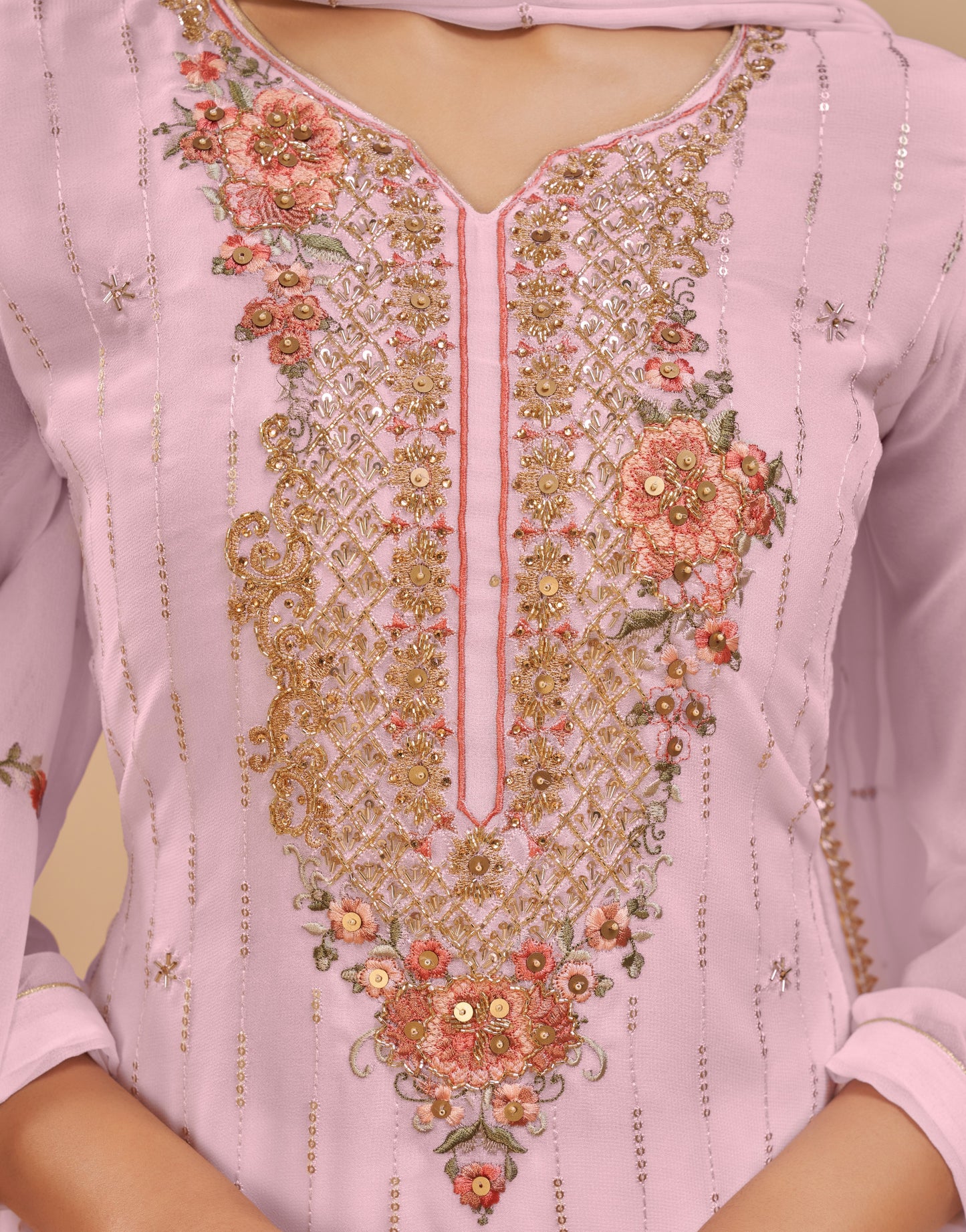 Blush Pink Embroidered Georgette Straight Pant Suit