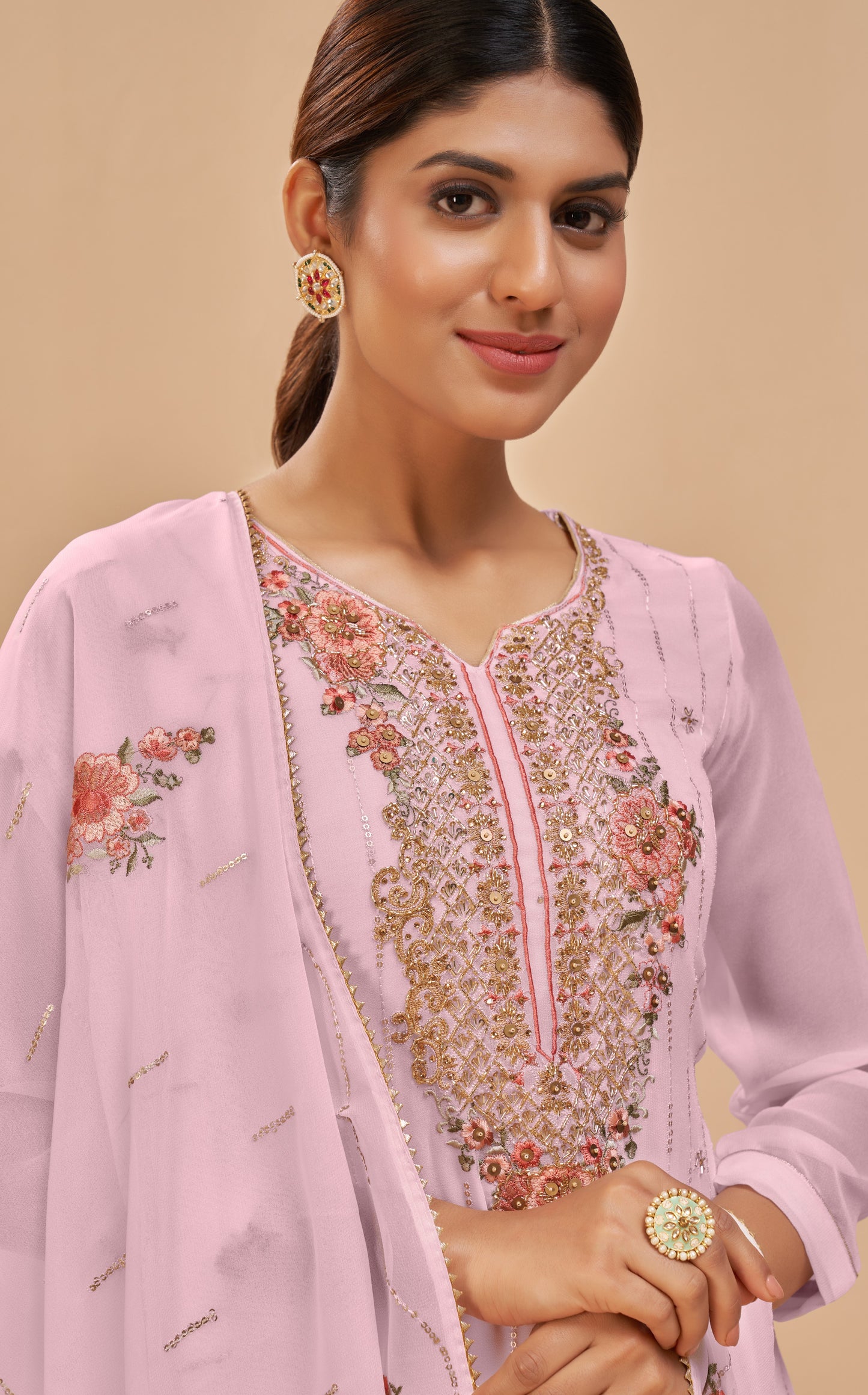 Blush Pink Embroidered Georgette Straight Pant Suit