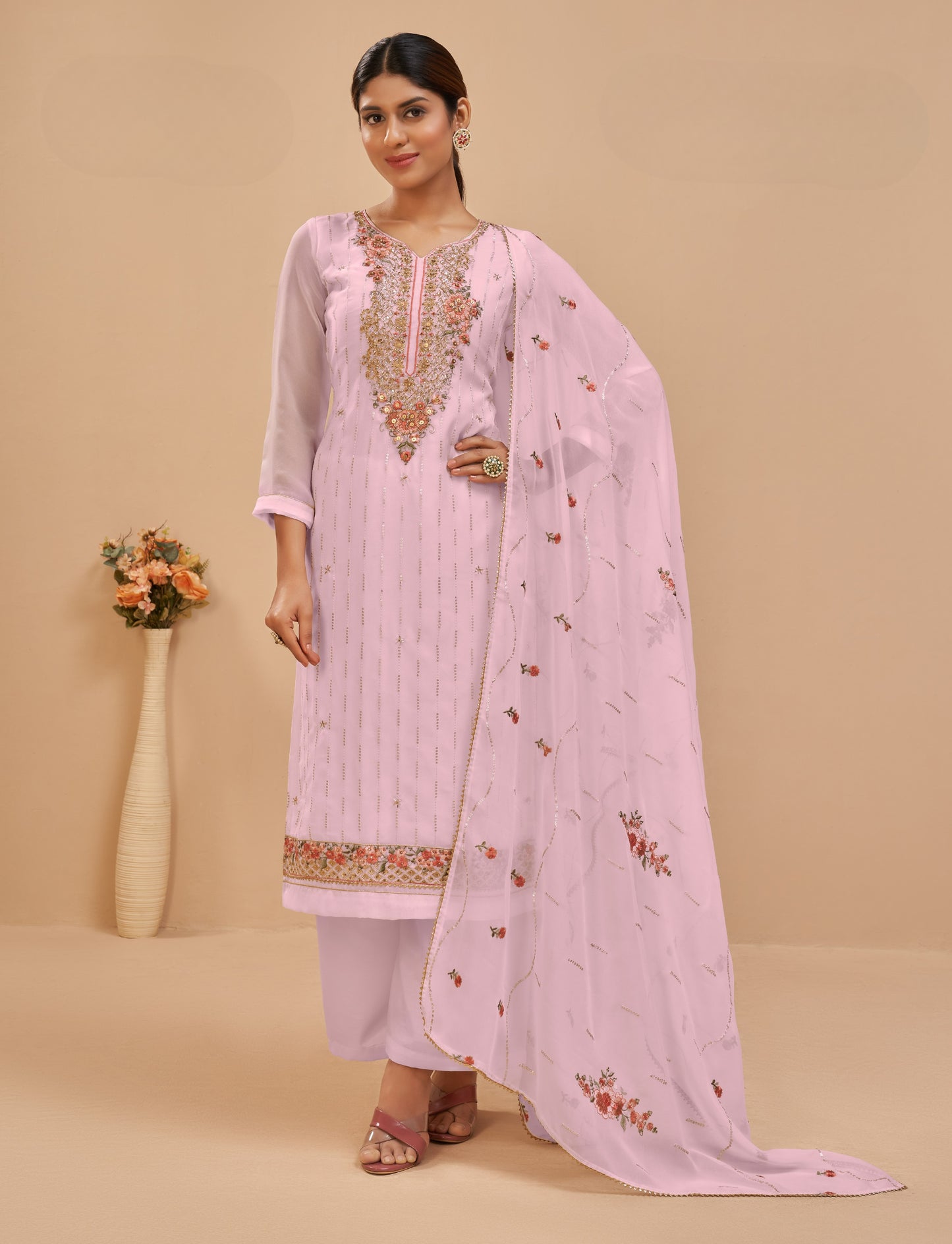 Blush Pink Embroidered Georgette Straight Pant Suit