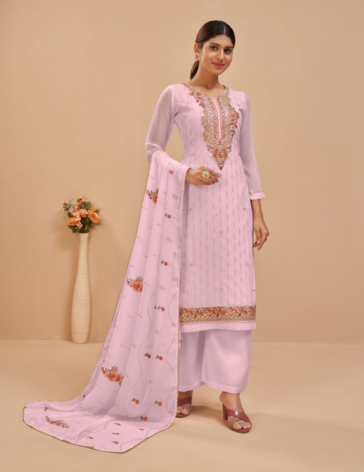 Blush Pink Embroidered Georgette Straight Pant Suit