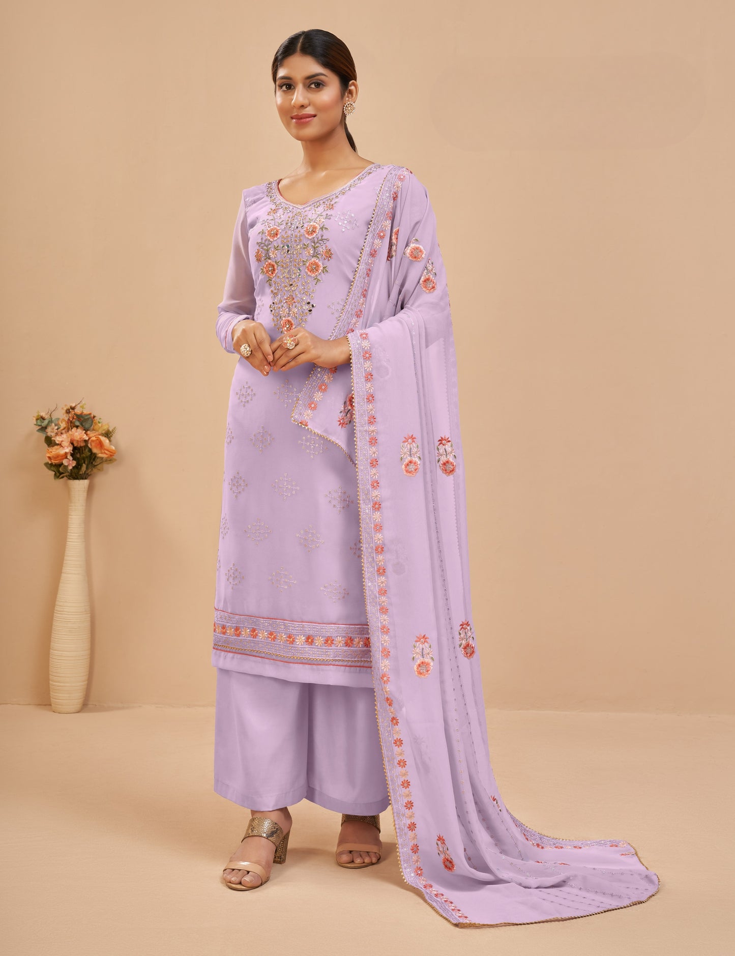 Taffy Lavendar Embroidered Georgette Straight Pant Suit