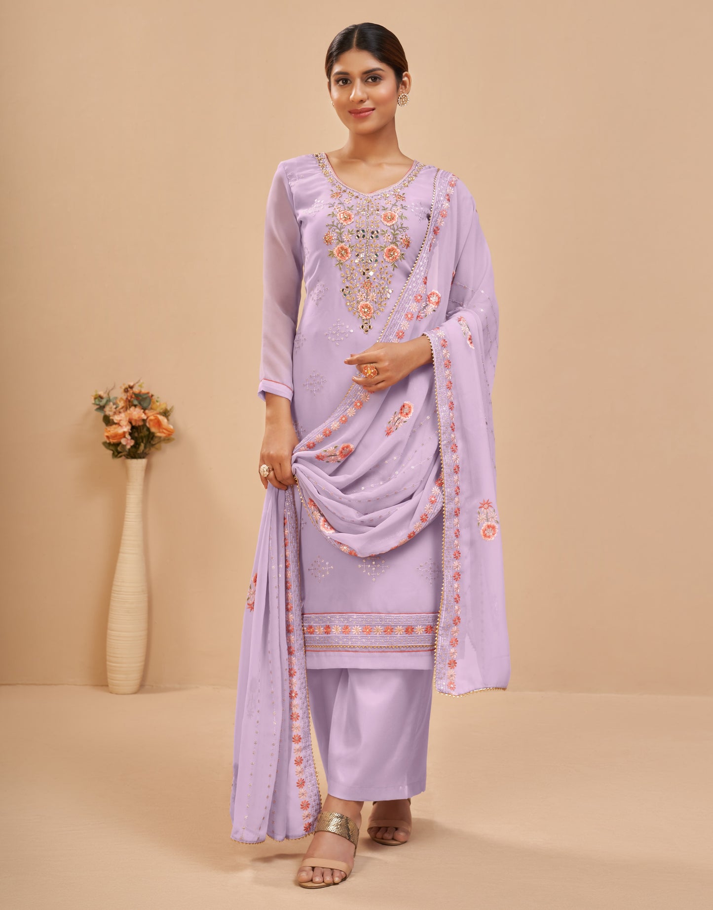 Taffy Lavendar Embroidered Georgette Straight Pant Suit