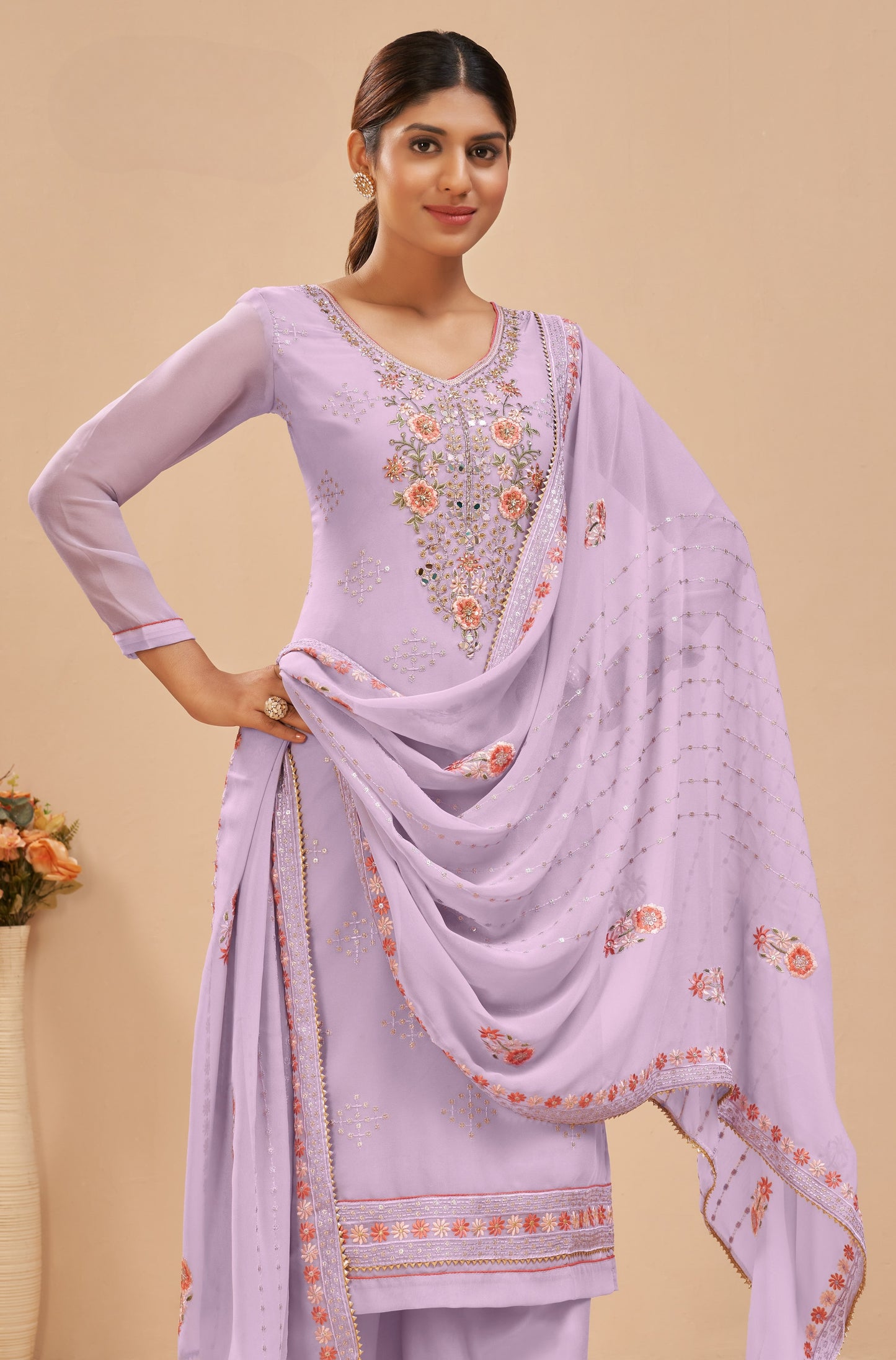 Taffy Lavendar Embroidered Georgette Straight Pant Suit