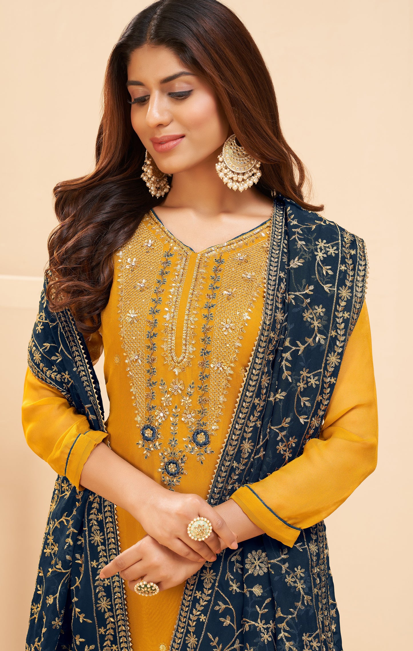 Mustard Yellow Embroidered Georgette Salwar Suit