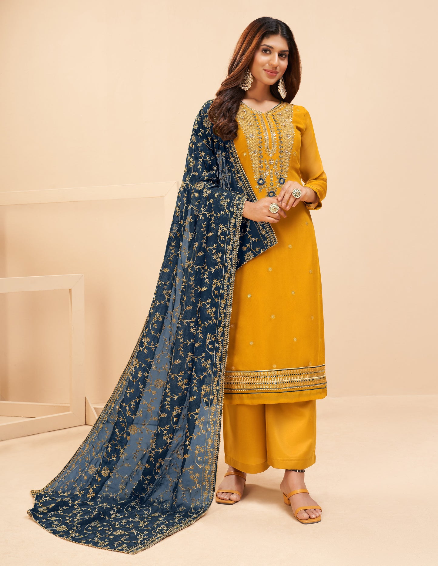 Mustard Yellow Embroidered Georgette Salwar Suit