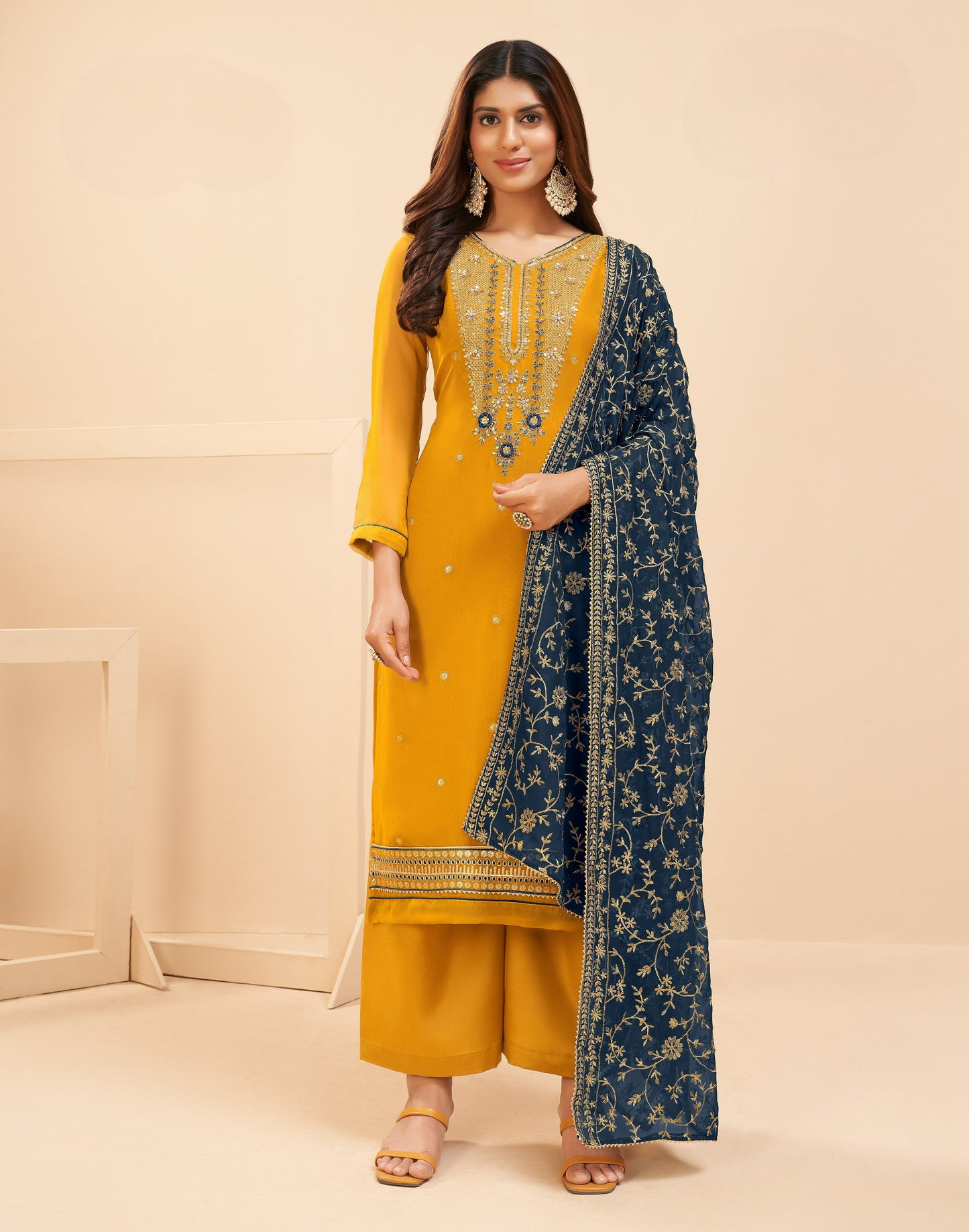 Mustard Yellow Embroidered Georgette Salwar Suit