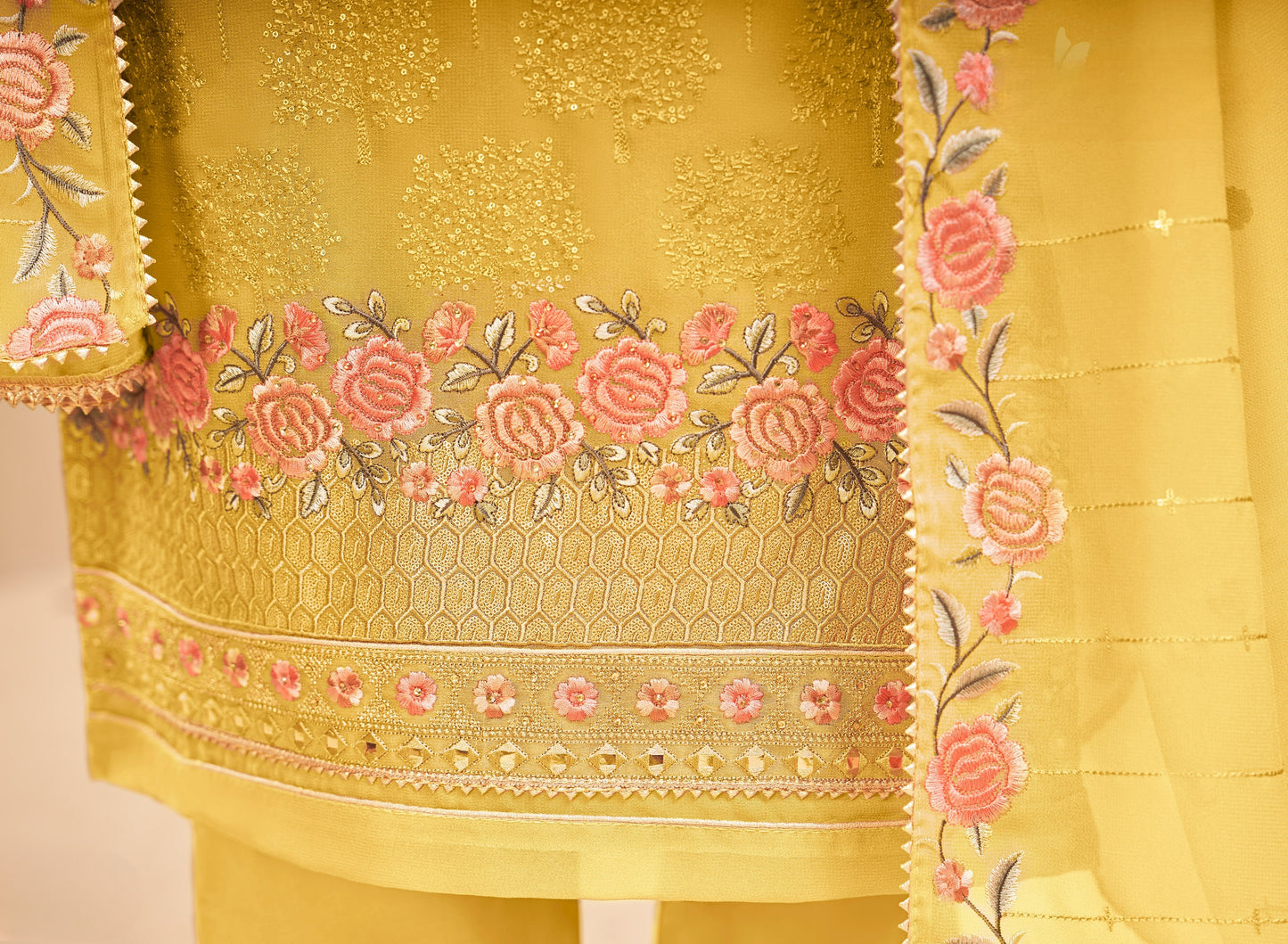 Mustard Yellow Designer Straight Embroidered Pant Suit