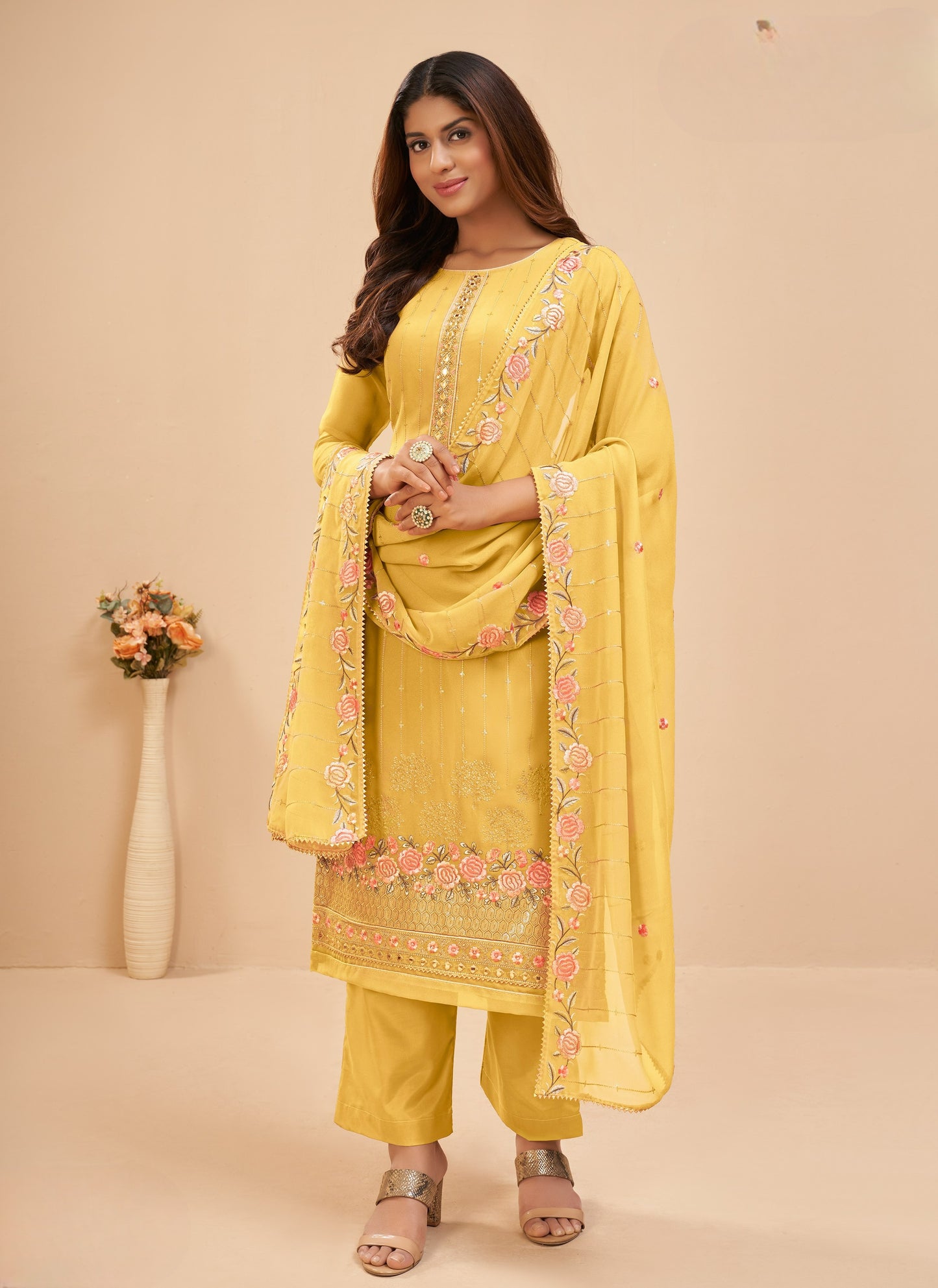 Mustard Yellow Designer Straight Embroidered Pant Suit