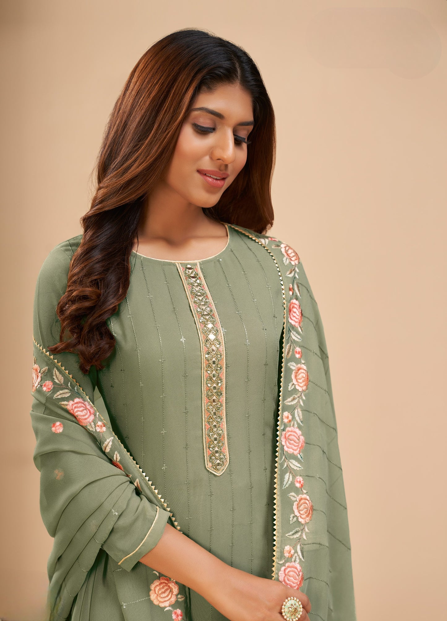 Sage Green Designer Straight Embroidered Pant Suit