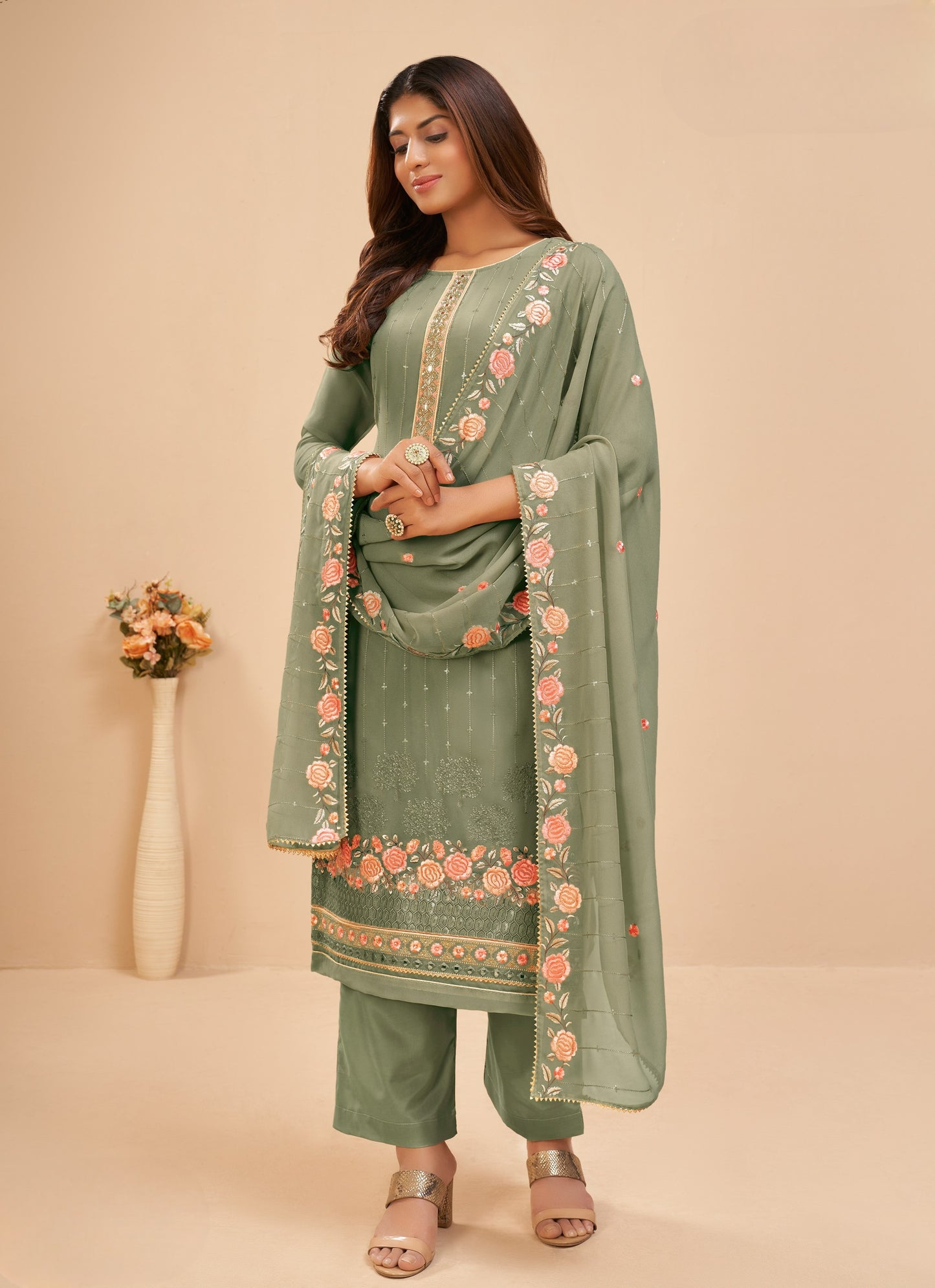 Sage Green Designer Straight Embroidered Pant Suit