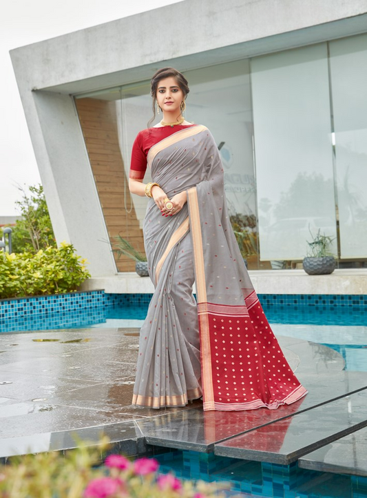 Ash Grey Handloom Cotton Saree