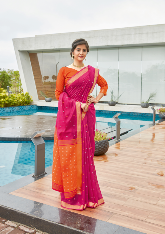 Bright Pink & Orange Handloom Cotton Saree