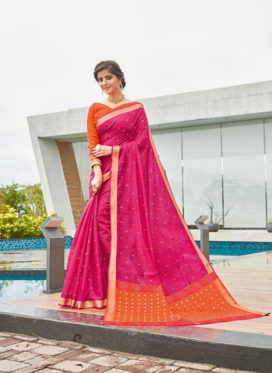 Bright Pink & Orange Handloom Cotton Saree