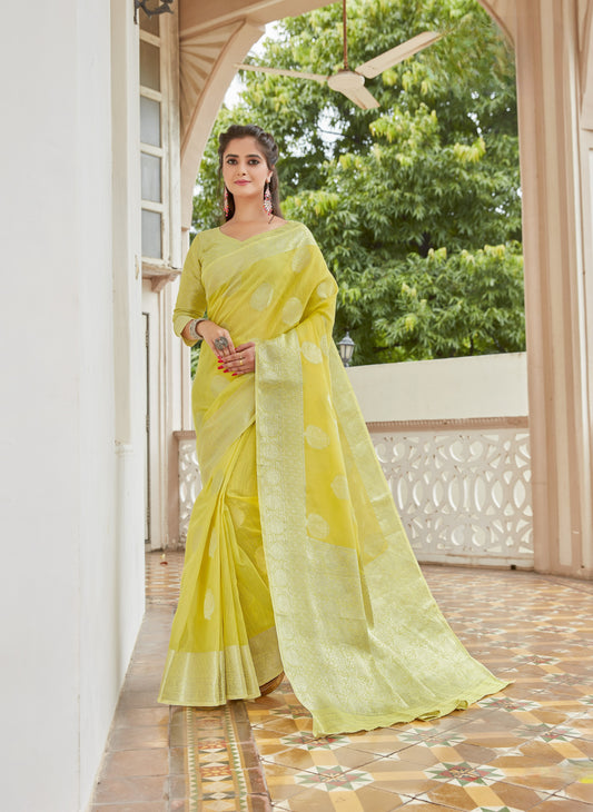 Lime Green Zari Woven Linen Silk Saree