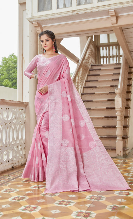 Bubblegum Pink Zari Woven Linen Silk Saree