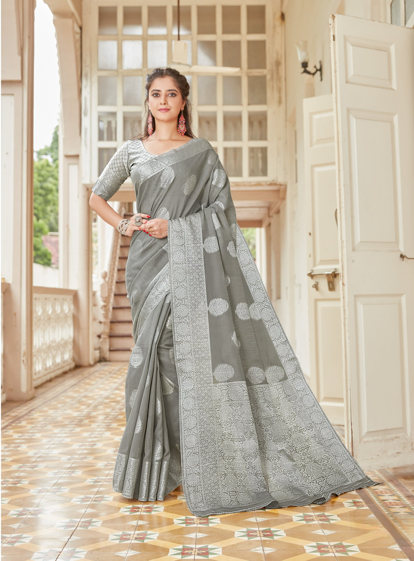 Cloud Grey Zari Woven Linen Silk Saree