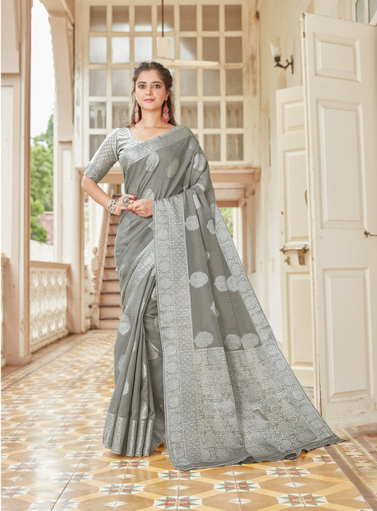 Cloud Grey Zari Woven Linen Silk Saree