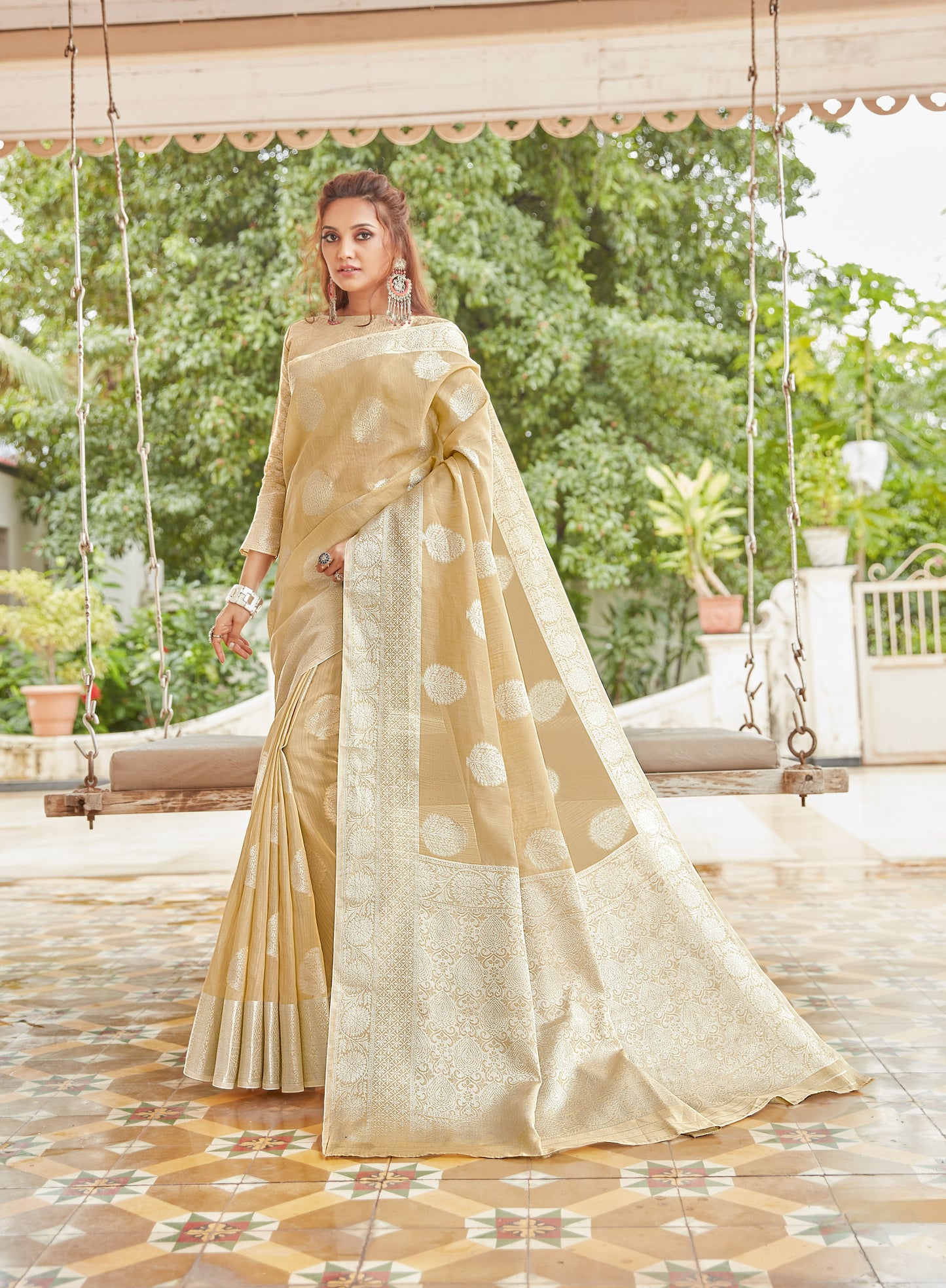 Fawn Brown Zari Woven Linen Silk Saree