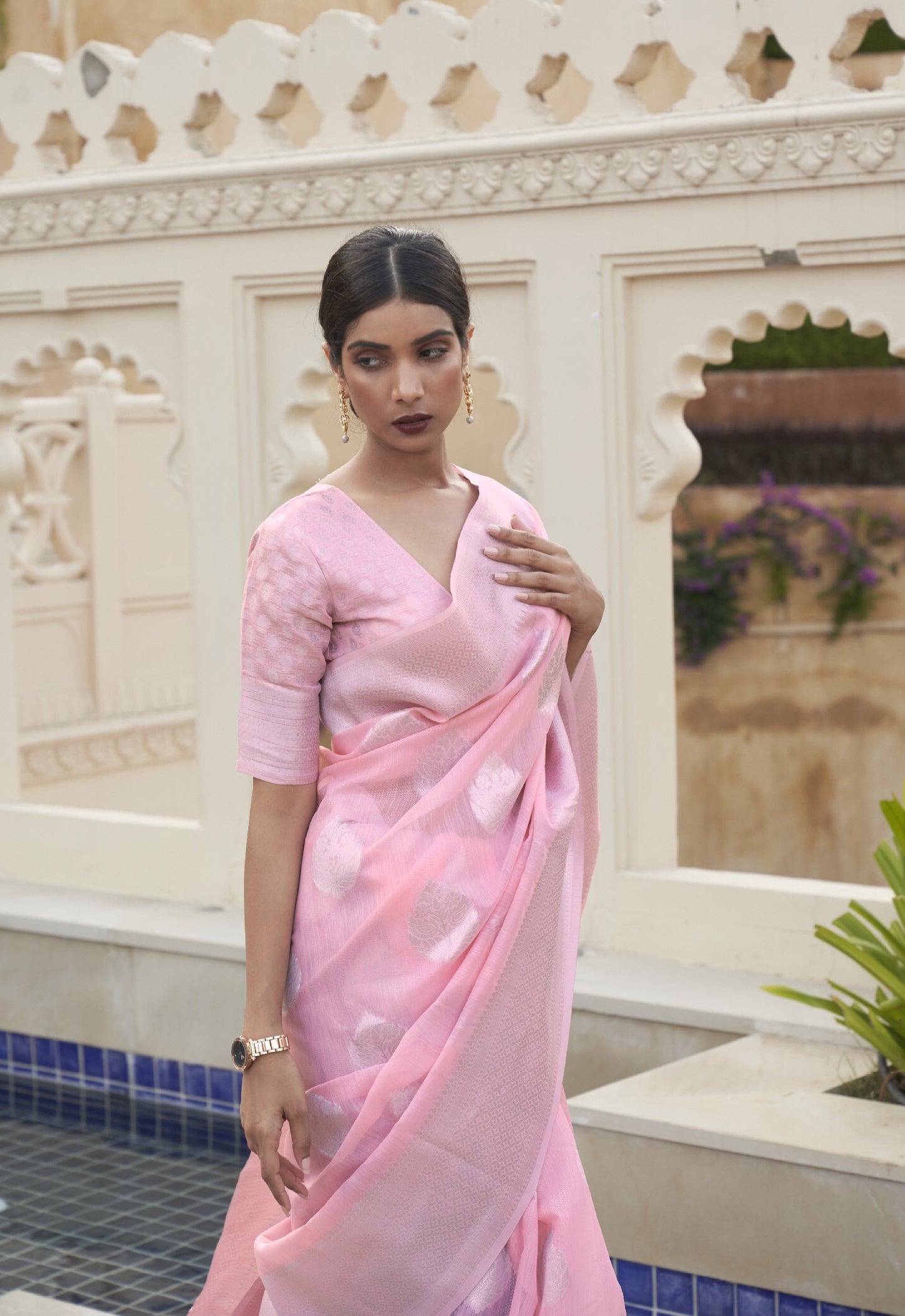 Light Pink Brocade Woven Linen Silk Saree