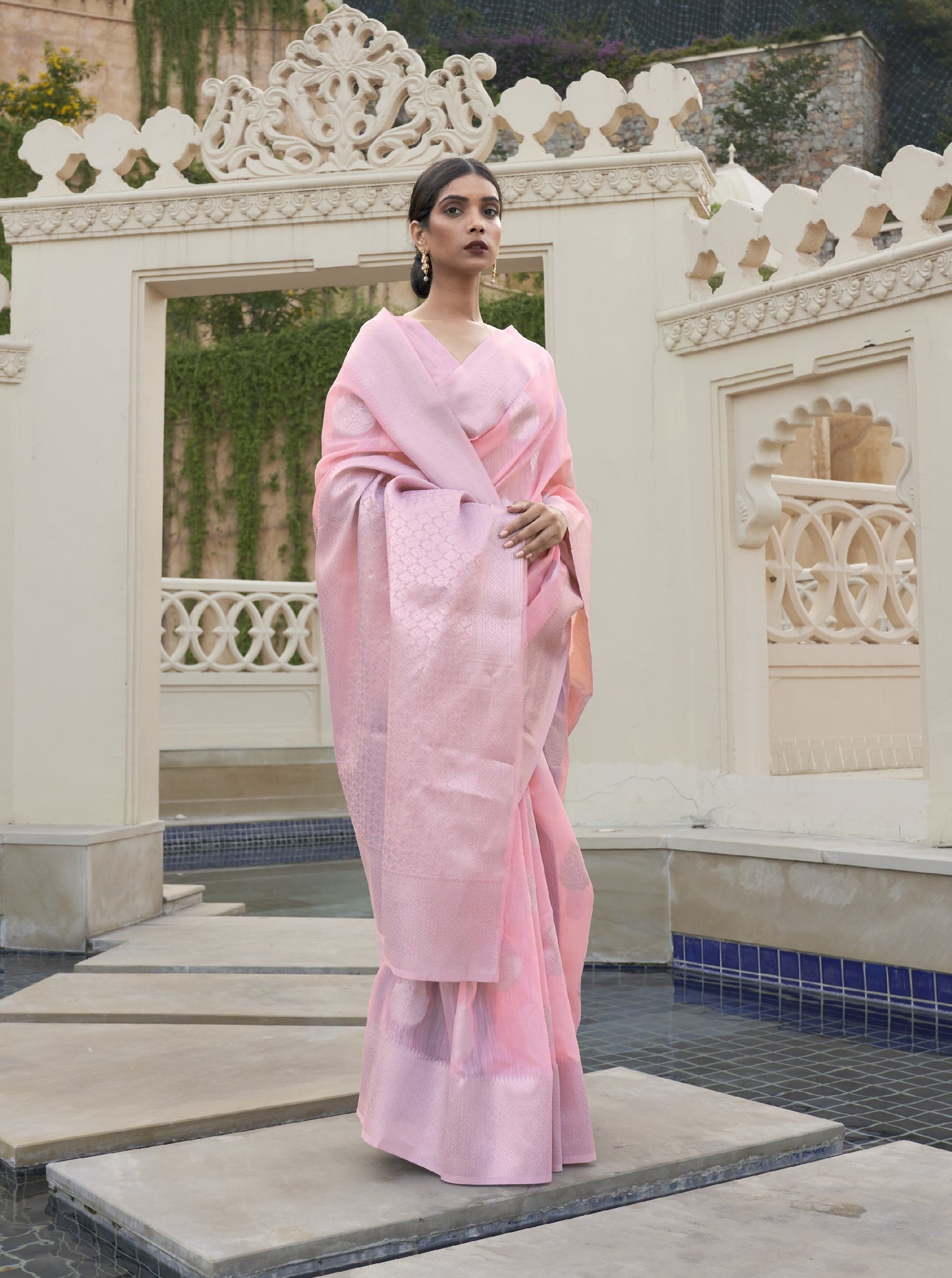 Light Pink Brocade Woven Linen Silk Saree