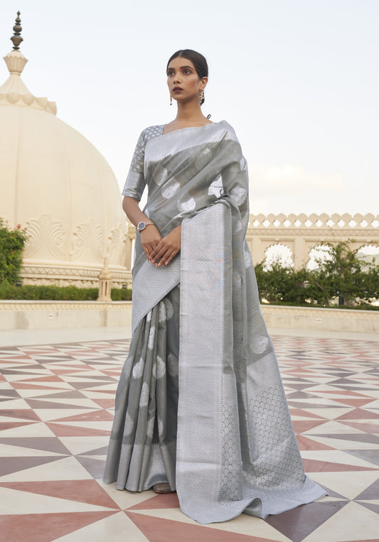 Smog Grey Brocade Woven Linen Silk Saree