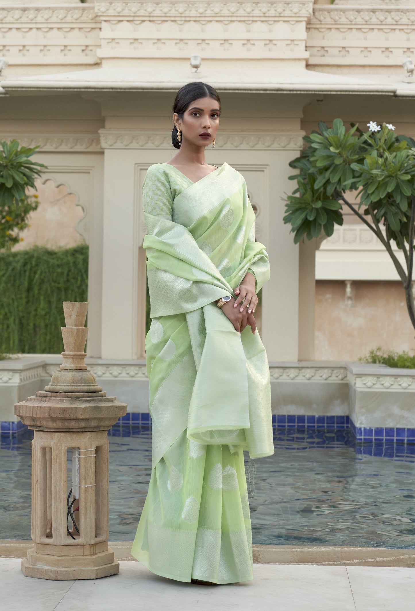 Mint Green Brocade Woven Linen Silk Saree