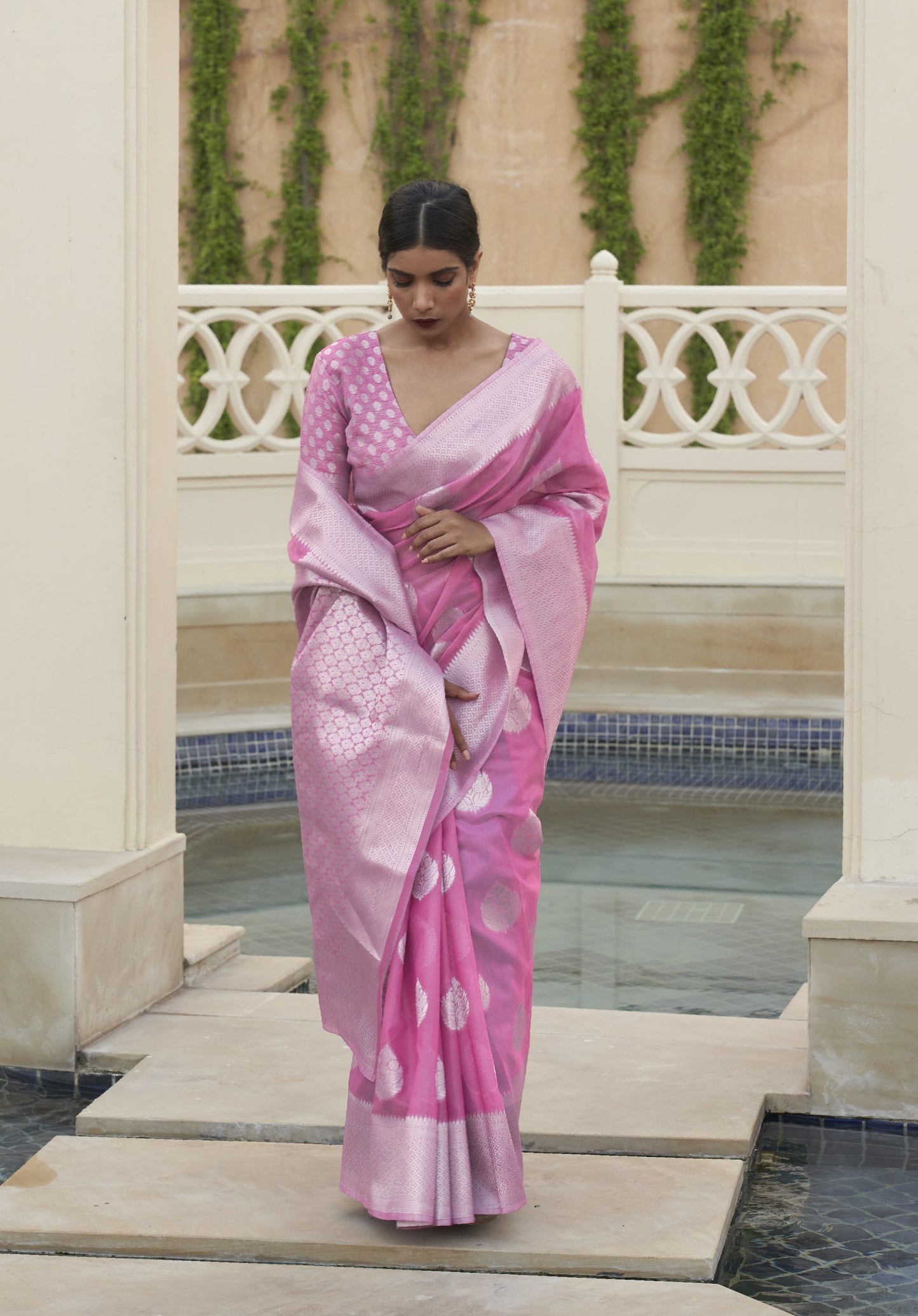 Rouge Pink Brocade Woven Linen Silk Saree