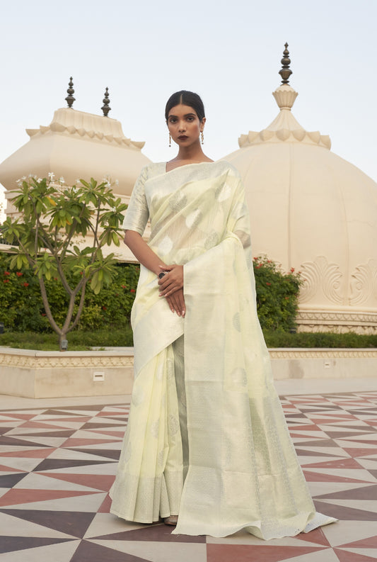 Pale Yellow Brocade Woven Linen Silk Saree