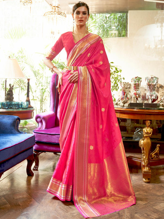 Hibiscus Pink Banarasi Soft Silk Saree