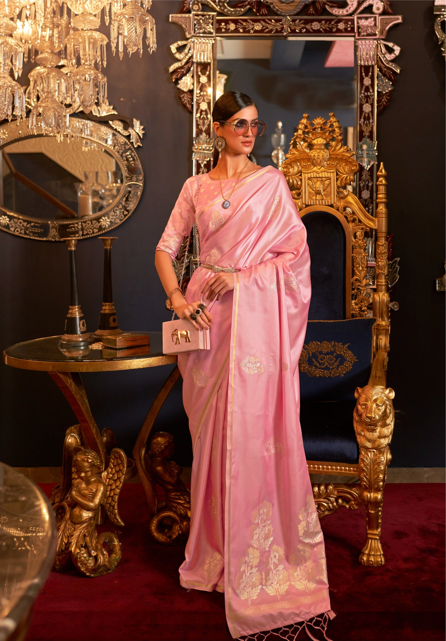 Blush Pink Satin Silk Saree