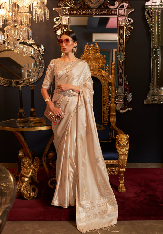 Ivory Cream Satin Silk Saree