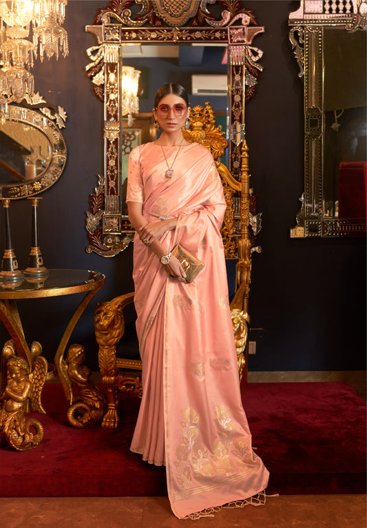 Coral Pink Satin Silk Saree