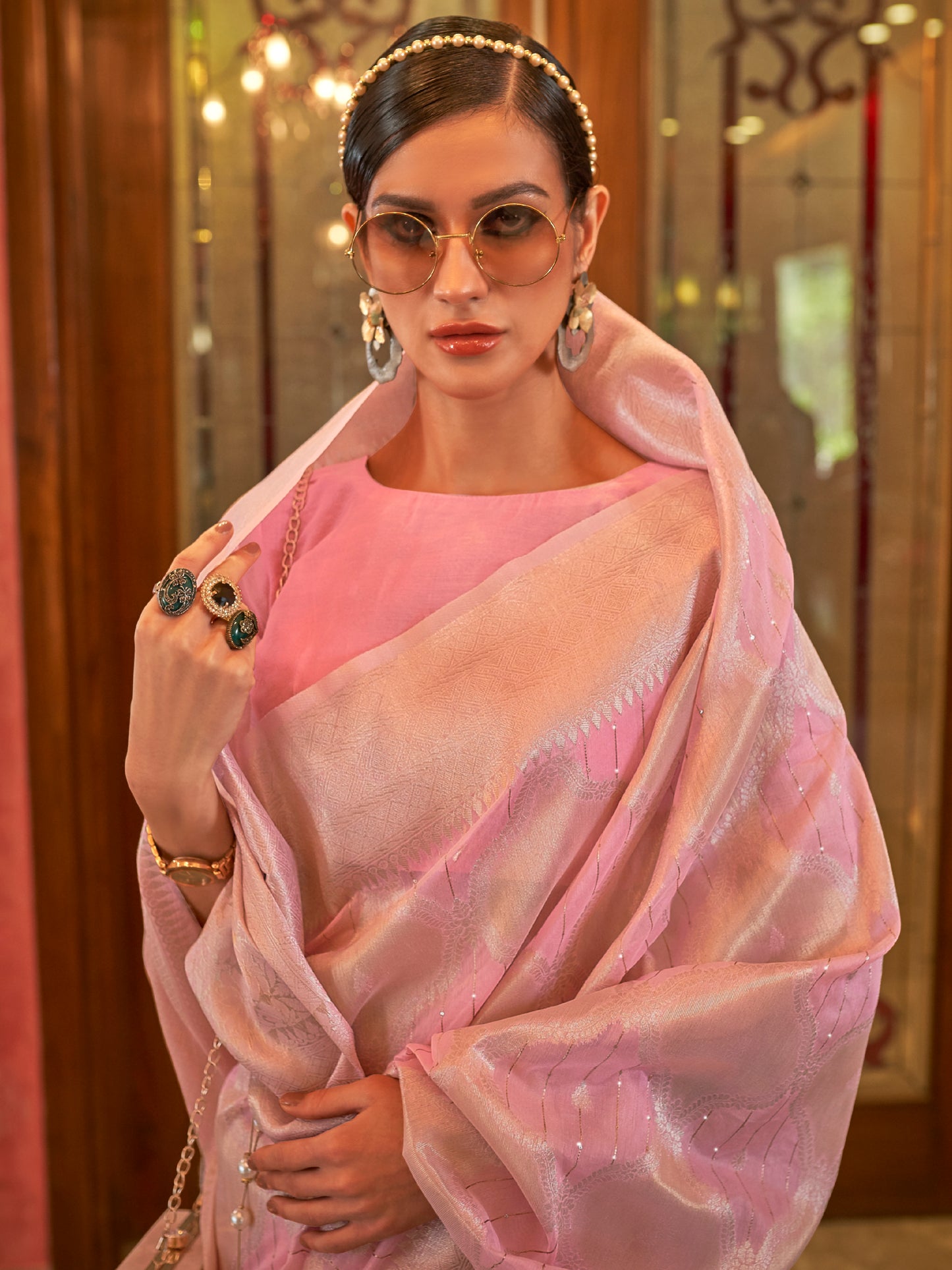 Sea Pink Woven Zari Silk Saree