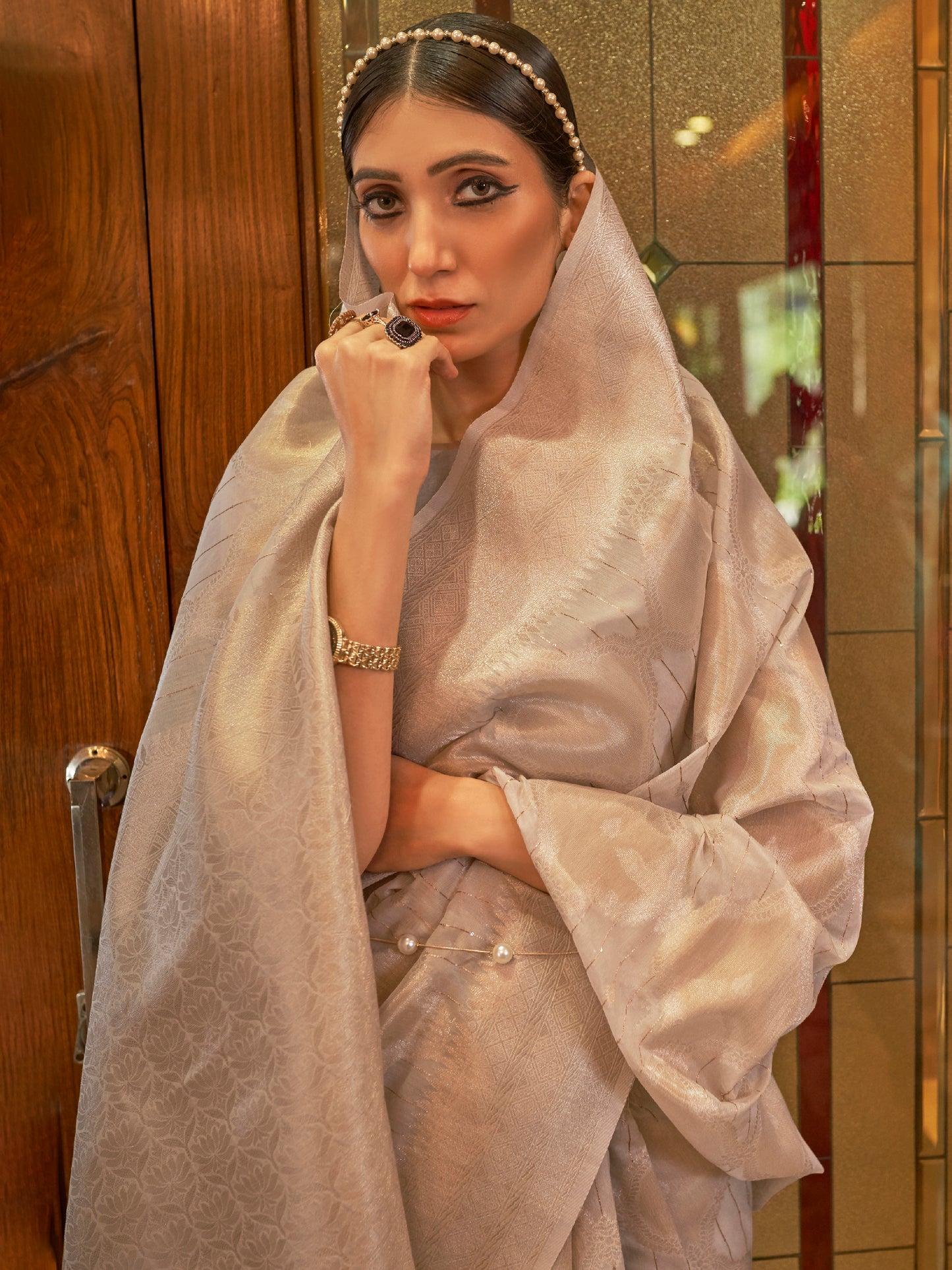 Walnut Cream Woven Zari Silk Saree