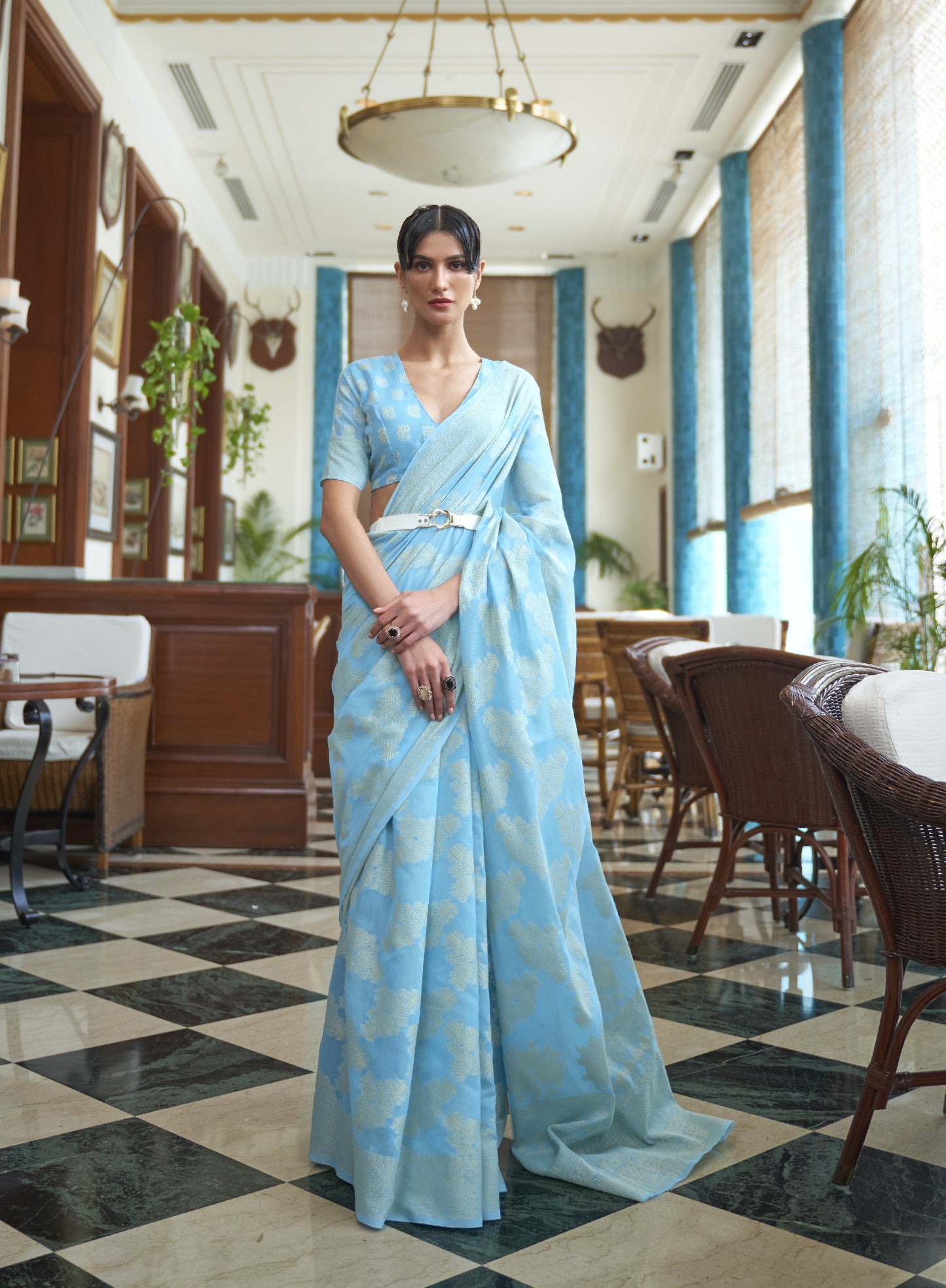 Carolina Blue Weaved Lucknowi Chikankari Saree