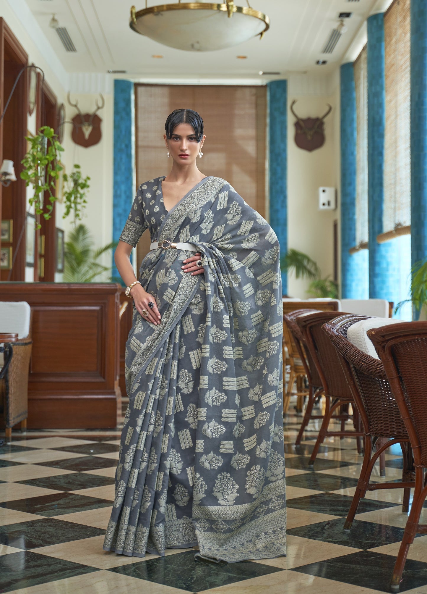 Jet Grey Weaved Lucknowi Chikankari Saree