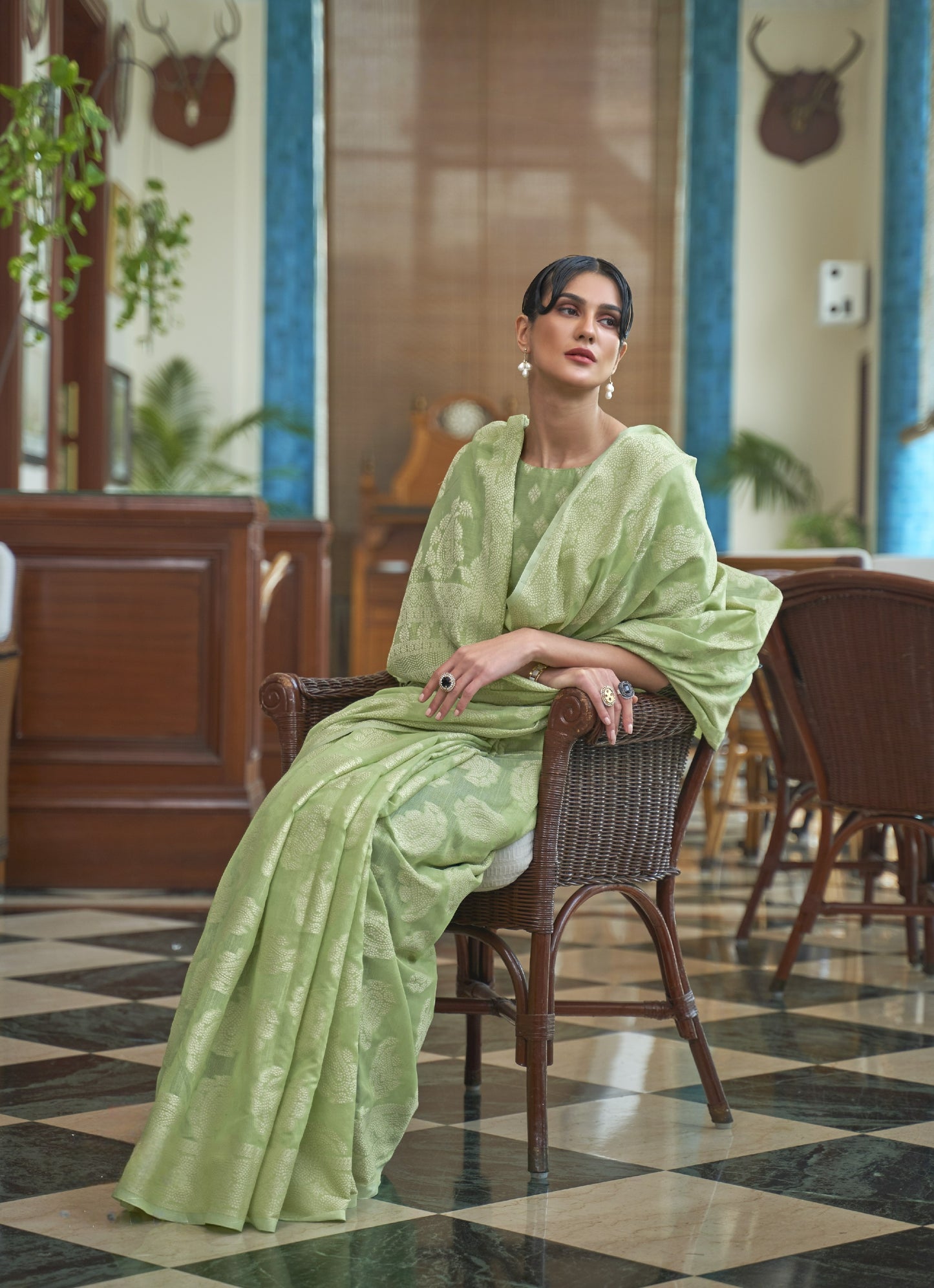 Dark Sea Green Weaved Lucknowi Chikankari Saree