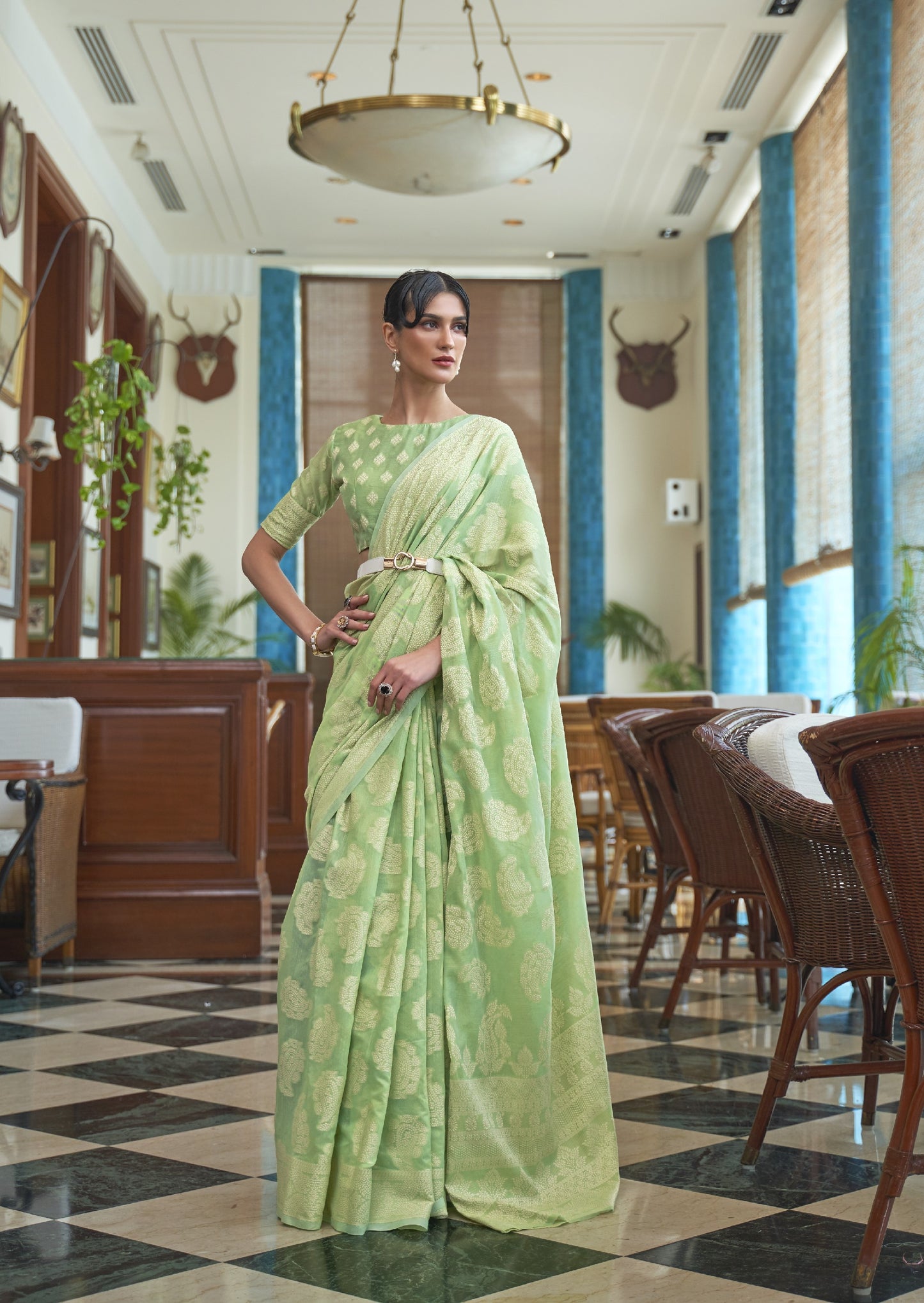 Dark Sea Green Weaved Lucknowi Chikankari Saree