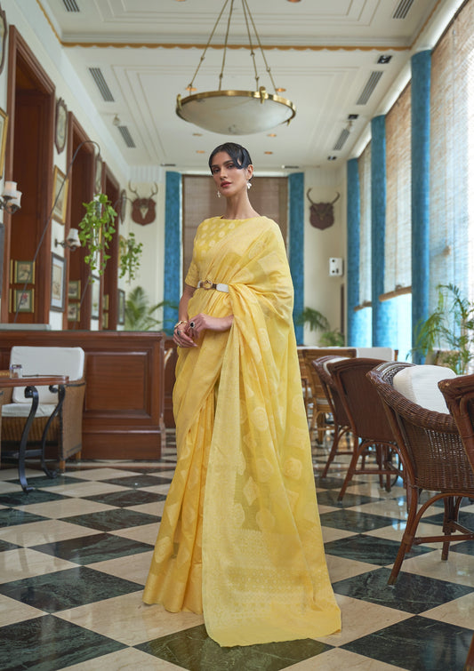 Minion Yellow Weaved Lucknowi Chikankari Saree