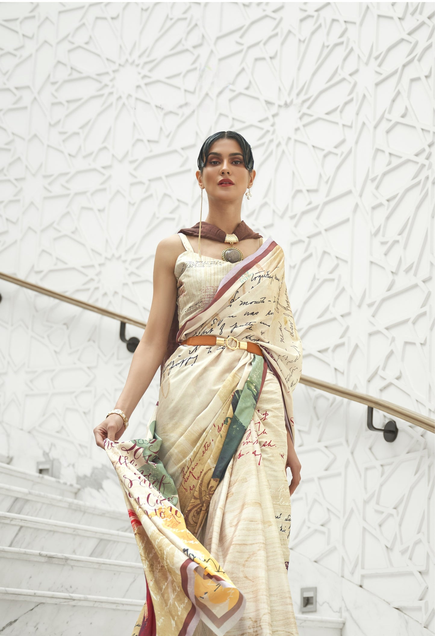 Off White Printed Kalamkari Satin Crepe Silk Saree