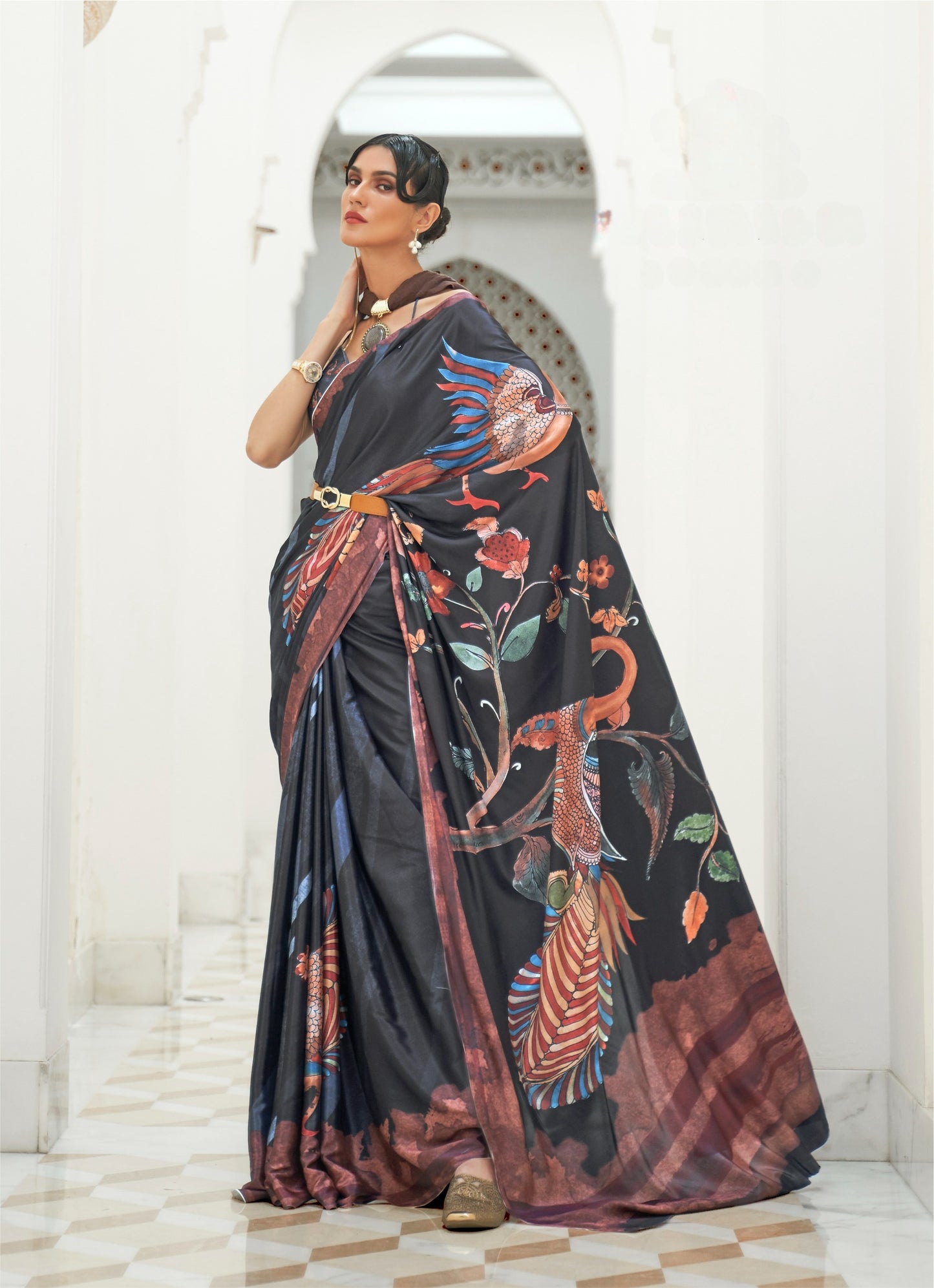 Midnight Black Printed Kalamkari Satin Crepe Silk Saree